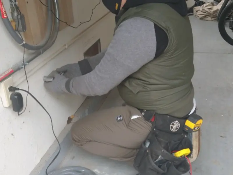 Electrician performing outlet wiring in a Conover garage